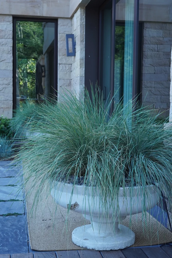 Stone pedestal container with ornamental grass on a mountain patio