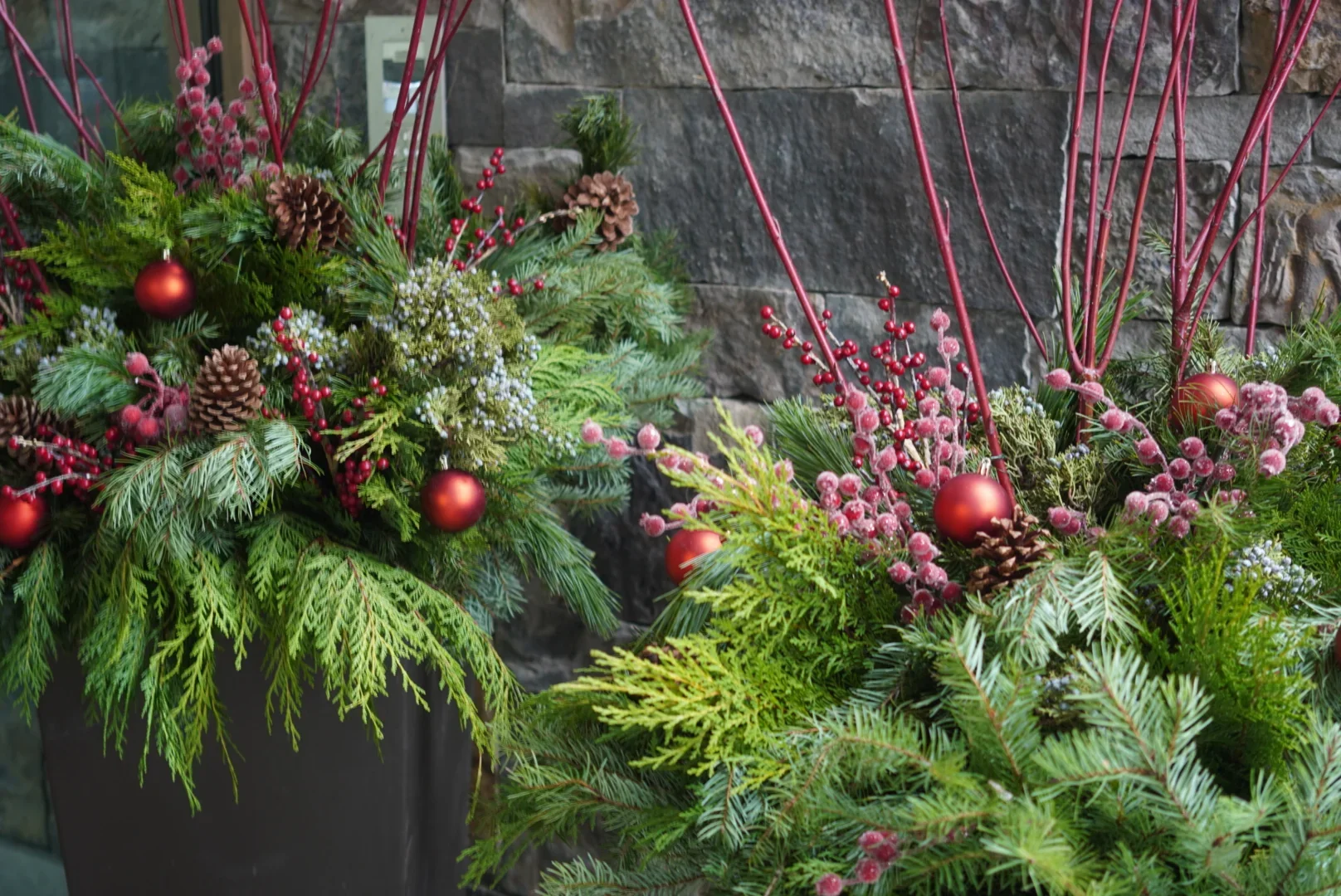 Seasonal holiday exterior design with wreaths and festive greens